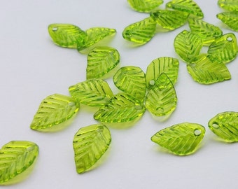 50/100/200 x Tiny Green Lucite Acrylic Leaves, 14mm x 9mm Leaf Charms, by Jewellery Making Supplies London ( JMSLondonCo )