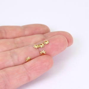 May include: Close-up of several small, gold-coloured, star-shaped beads. Each bead has a central hole and multiple points, with a reddish-orange interior. The beads are resting on a light-coloured surface.
