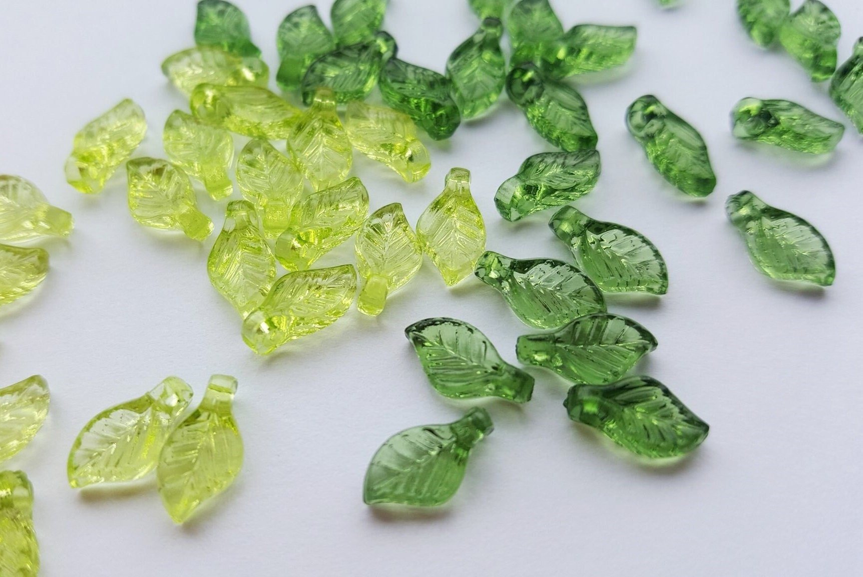 25 Czech glass leaf beads - Matte Peridot, Lime Green AB - large