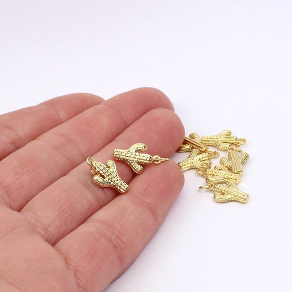 1/2/4 x Cactus Charms, Gold Plated Brass, 15mm x 9mm, by Jewellery Making Supplies London ( JMSLondonCo )