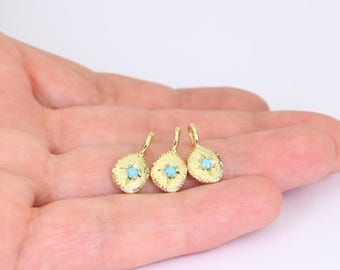 1/2/4 x Gold Plated Organic Drop Shaped Charm with Turquoise Cubic Zirconia in Star Shaped Settings. Textured, 16mm x 8mm, by JMSLondonCo.