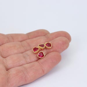 1/2/4 x Tiny 18K Gold Plated Heart Charm with Ruby Pink Cubic Zirconia, 8mm x 6mm, by Jewellery Making Supplies London ( JMSLondonCo )