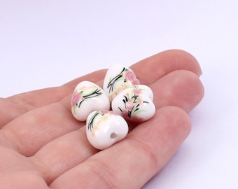 4 x Ceramic Heart Shaped Beads, White Floral Ceramic Heart Beads, 12mm x 11mm, by Jewellery Making Supplies London ( JMSLondonCo )