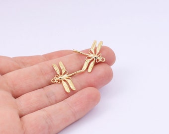 1/2/4 x Gold Plated Brass Dragonfly Charms, 23mm x 26mm, Finely Detailed, by Jewellery Making Supplies London ( JMSLondonCo)