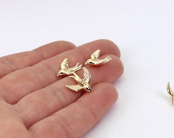 2/4 x Tiny 3D Swallow Bird Charms, 18K Gold Plated Brass, 14mm x 13mm, by Jewellery Making Supplies London ( JMSLondonCo )
