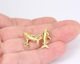 1/2/4 x 3D Shark Charms, Gold Plated Brass, 20mm x 13mm, by Jewellery Making Supplies London ( JMSLondonCo )