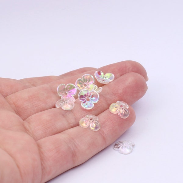 50/100 x Tiny Full AB Plated Three Petal Acrylic Flower Beads, 9mm, by Jewellery Making Supplies London ( JMSLondonCo )