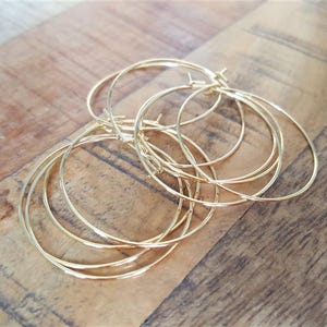 May include: A set of six gold hoop earrings. The hoops are made of thin metal and are all different sizes.