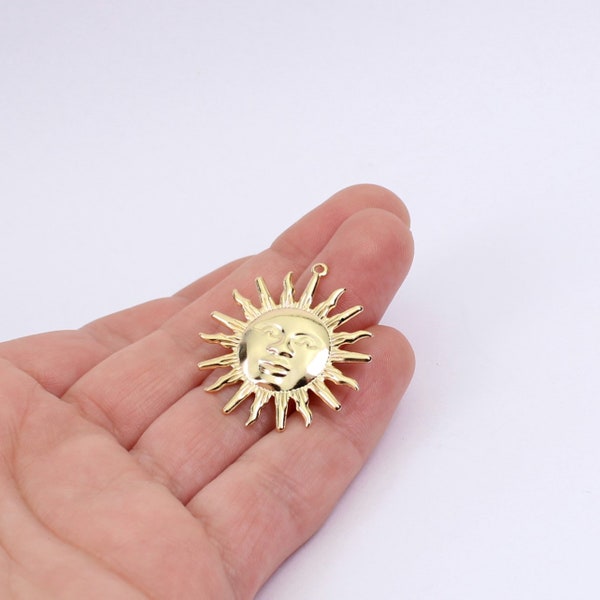 1/2/4 x Large Sun Face Charms, 18K Gold Plated Brass, 33mm x 30mm, by Jewellery Making Supplies London ( JMSLondonCo )