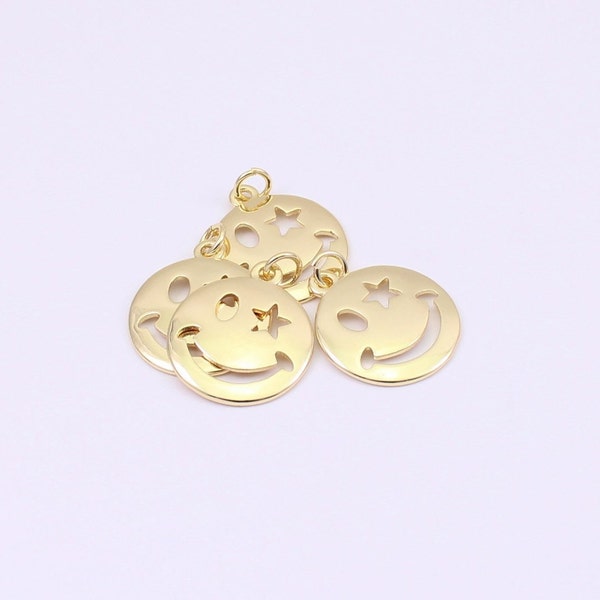 1/2/4 x Smile Face Charms, 18K Gold Plated, 18mm Round with Jump Ring, by Jewellery Making Supplies London ( JMSLondonCo )