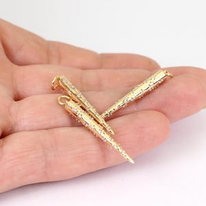 1/2/4 x Conical Spike Charms, Gold Plated Brass, Studded with Tiny Pave Set Cubic Zirconia, 32mm x 4mm, by JMSLondonCo.