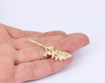 2/4 x Vintage Style Leafy Branch Charms, 18K Gold Plated Brass, Finely Detailed, 44mm x 13mm, by JMSLondonCo.