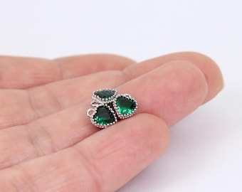 1/2/4 x Emerald Green Heart Charm with Cubic Zirconia, Platinum Plated Brass, 8mm x 6mm, by Jewellery Making Supplies London ( JMSLondonCo )