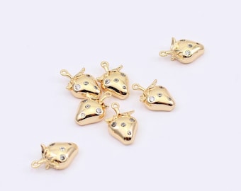 1/2/4/8 x Tiny Gold Plated Strawberry Charms with Cubic Zirconia, 12mm x 7mm, by Jewellery Making Supplies London (JMSLondonCo)