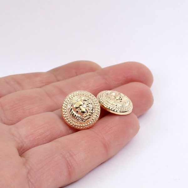 5/10 x Lion Head Round Coat Buttons, 15mm Gold Plated Shank Buttons, by Jewellery Making Supplies London ( JMSLondonCo )