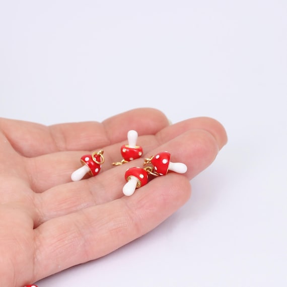 1/2 X Tiny Mushroom Charms, 3D Enamelled Fly Agaric Charms, Gold