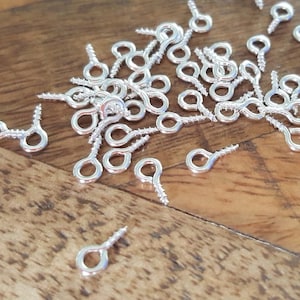 May include: A pile of silver screw-in eyelet loops. These are small, metal loops with a screw-in post that can be used to attach jewelry, charms, or other findings to fabric or leather.
