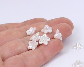 50/100 x Tiny White Pearlised Acrylic 3D Flower Shaped Beads, 10mm x 6mm, by Jewellery Making Supplies London ( JMSLondonCo )