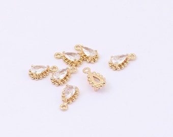 2/4/8 x Tiny Drop Charms, 18K Gold Plated Brass with CZ, 9mm x 4mm, Fancy Ball Edge, by Jewellery Making Supplies London ( JMSLondonCo )
