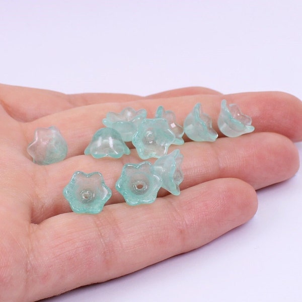 10/20 x Glass Bell Flower Beads, Transparent Light Teal Green Blue, 11mm x 10mm, by Jewellery Making Supplies London ( JMSLondonCo )