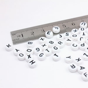 250 x Alphabet Beads, 7mm Acrylic Round Letter Beads, White Beads with Black Letters, Random Mixed, by JMSLondonCo.