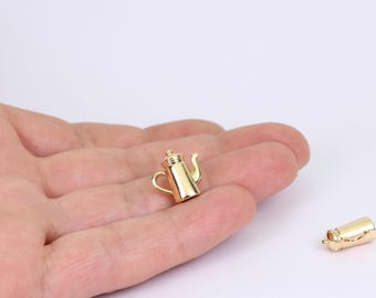 1/2/4 x 3D Miniature Teapot Charms, 18K Gold Plated Brass, 15mm x 15mm, by Jewellery Making Supplies London (JMSLondonCo)
