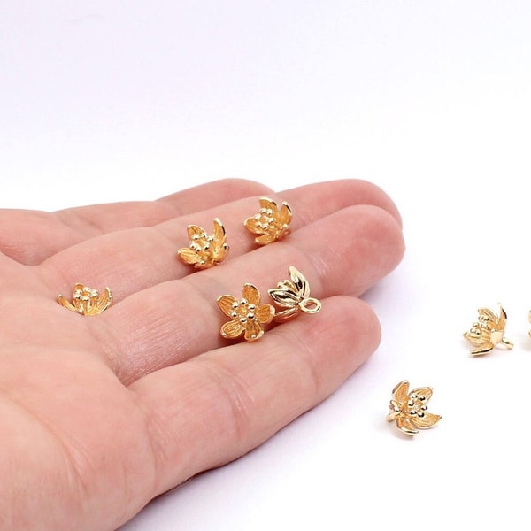 2/4/8 x Tiny Flower Charms, 9mm x 9mm, 18K Gold Plated Brass 3D Flowers, by Jewellery Making Supplies London ( JMSLondonCo ) .