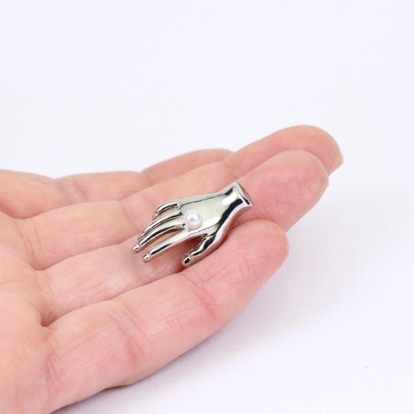 3/6 x Hand Shaped Buttons, Silver Tone Plated with Faux Pearl Cabochons, 27mm x 14mm, by Jewellery Making Supplies London ( JMSLondonCo )