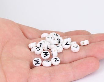 250 x Alphabet Beads, 7mm Acrylic Round Letter Beads, White Beads with Black Letters, Random Mixed, by JMSLondonCo.