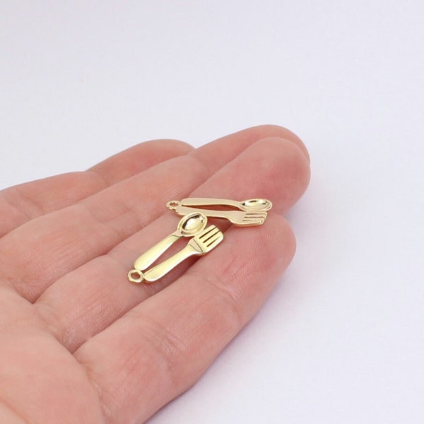 1/2/4 x Culinary Cutlery Charms, Gold Plated Brass Spoon & Fork Charms, 20mm x 8mm, by Jewellery Making Supplies London ( JMSLondonCo )