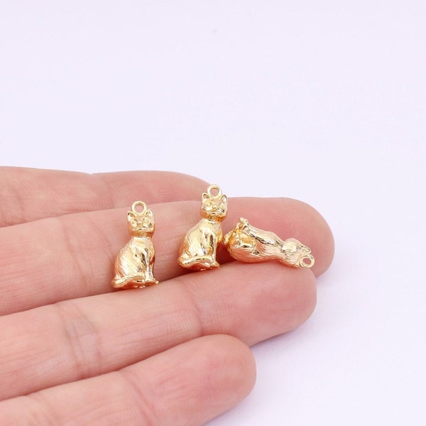 1/2/4 x Tiny Gold Plated Cat Charms, 18K Gold Plated Brass, 14mm x 9mm, by Jewellery Making Supplies London ( JMSLondonCo )