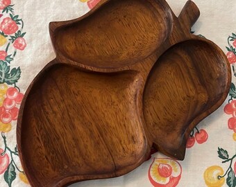 Vintage leaf shape monkey pod divided dish