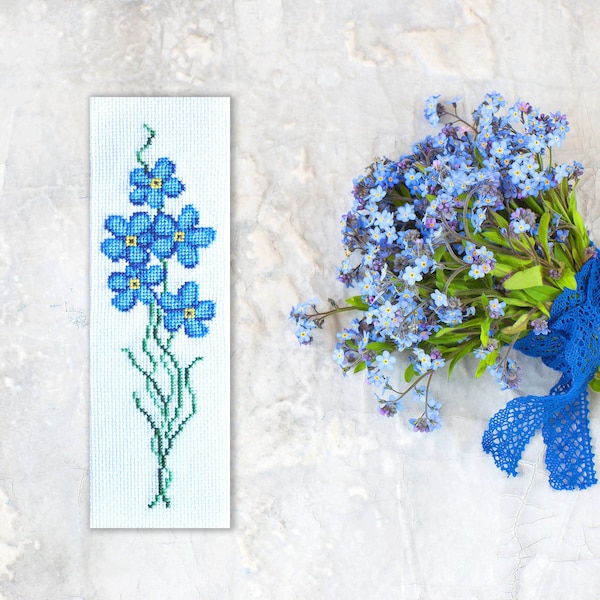 Cross Stitch Bookmark Pattern, Forget-Me-Not, Floral blue flower forget me nots, Instant download PDF