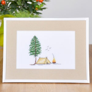 Camping cross stitch pattern, tent hiking forest camp campfire - Instant Download PDF