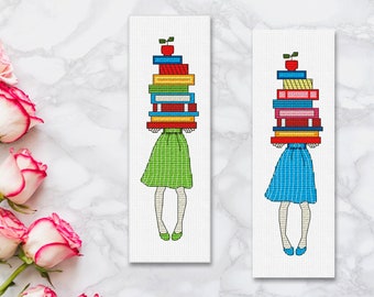 2 Cross Stitch-bladwijzerpatronen - Meisjes met boeken - instant download PDF