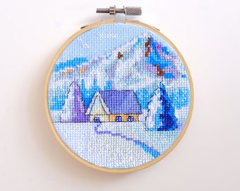 Winter Cross Stitch Pattern PDF, Christmas Mountain Landscape House Hut Cabin Snow Travel