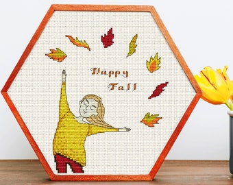 Fall Cross Stitch Pattern, Autumn Lady Girl Woman Portrait, Autumn Counted cross stitch chart instant Download PDF