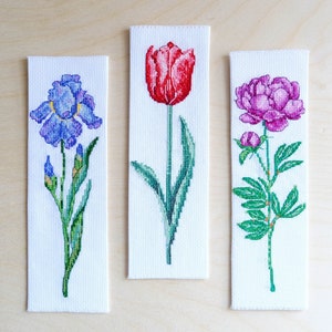 3 Bookmark Floral Cross Stitch Patterns, Tulip Peony Iris Flowers, Instant Download PDF