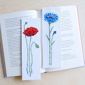 2 bladwijzer bloemen kruissteekpatronen, Korenbloem klaproos wilde bloemen bloemen, Instant Download PDF