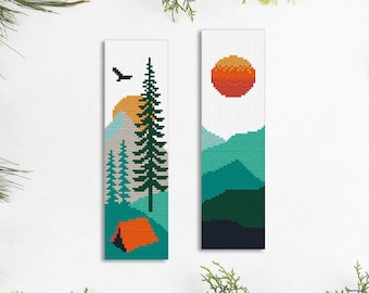 2 Bookmark Cross Stitch Patterns, Camp Camping Mountaing Tent Travel, Instant Download PDF