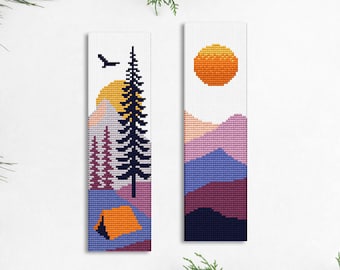 2 Bookmark Cross Stitch Patterns, Camp Camping Mountain Tent Travel, Instant Download PDF