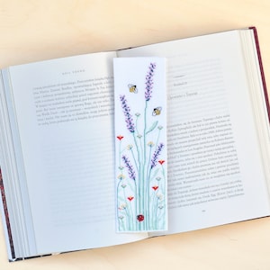 Cross Stitch Bookmark Pattern, Lavender Bee Flower Meadow, Instant download PDF