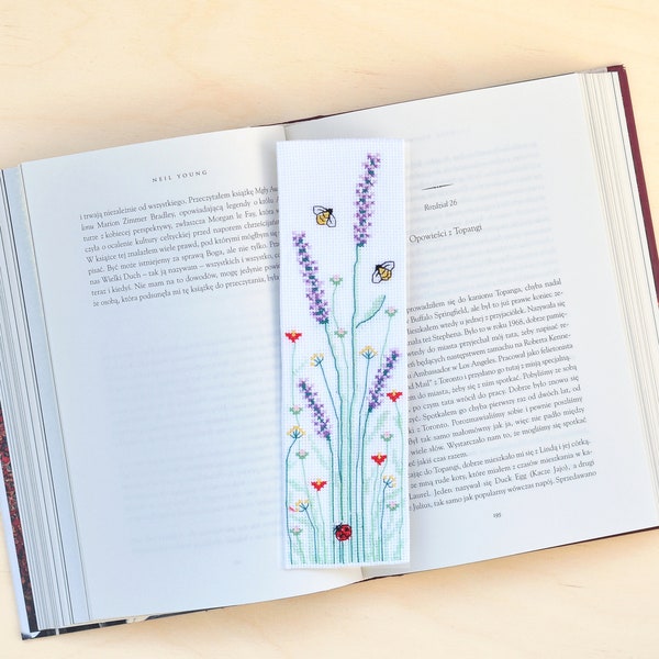 Cross Stitch Bookmark Pattern, Lavender Bee Flower Meadow, Instant download PDF