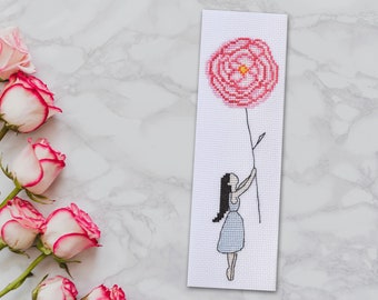 Cross Stitch Bookmark Pattern - Flower Pattern, Lady Girl Floral Pattern Pink Rose - Instant Download PDF
