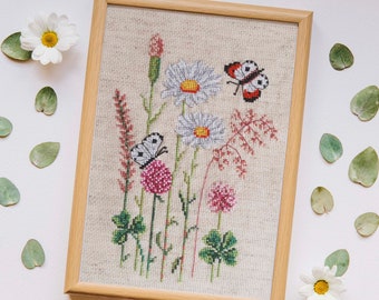 Floral Cross Stitch Pattern, Wildflowers Meadow Butterfly Spring Summer Chamomile Camomile - instant download PDF
