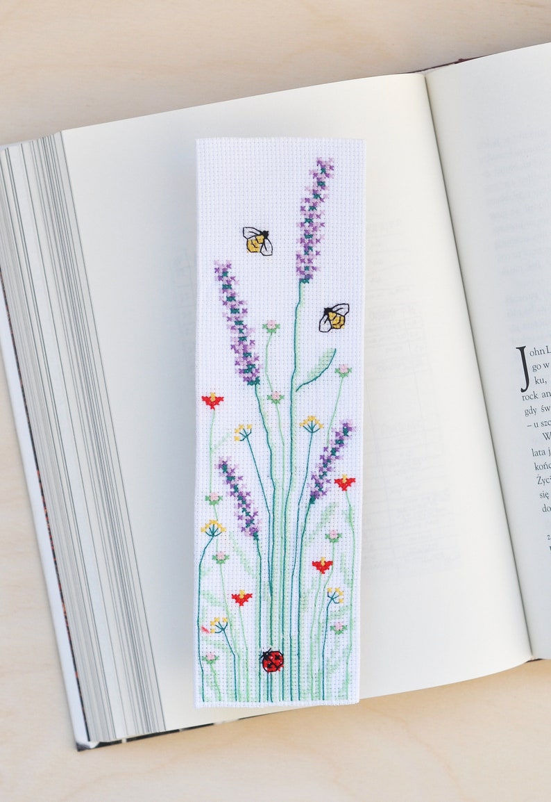 Cross Stitch Bookmark Pattern Lavender Bee Flower Meadow Etsy