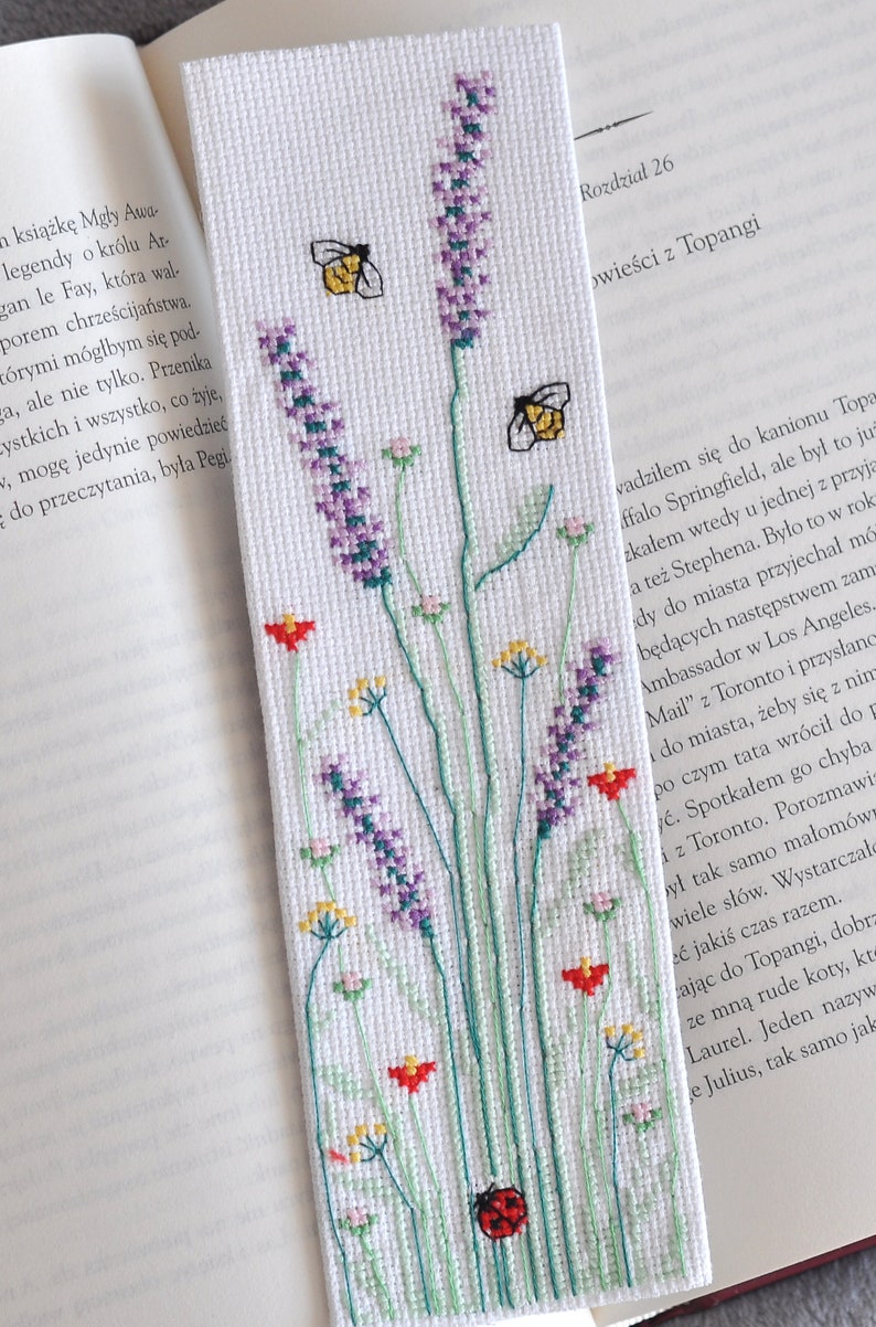 Cross Stitch Bookmark Pattern Lavender Bee Flower Meadow Etsy
