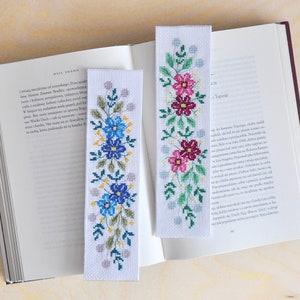 2 Bookmark Floral Cross Stitch Patterns, little blue pink flowers, Instant Download PDF