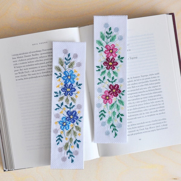 2 Bookmark Floral Cross Stitch Patterns, little blue pink flowers, Instant Download PDF