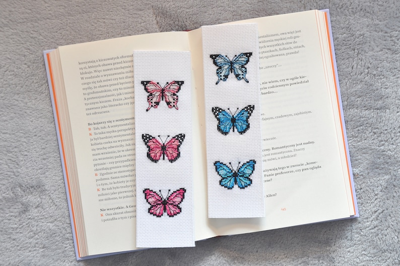 2 Bookmark Cross Stitch Patterns Butterflies Blue Pink Etsy